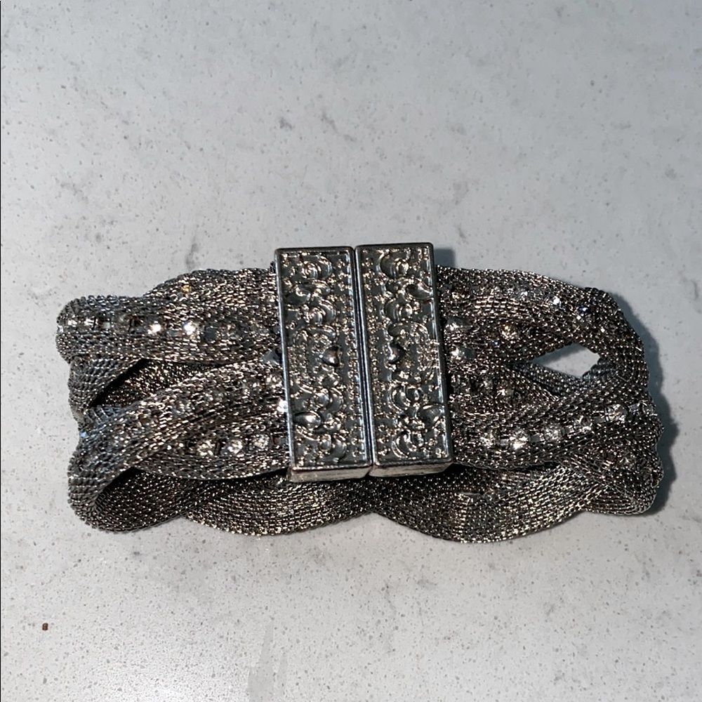 Silver Tone Braided Mesh Multi Strand Crystal Magnetic Clasp Bracelet Wide Band